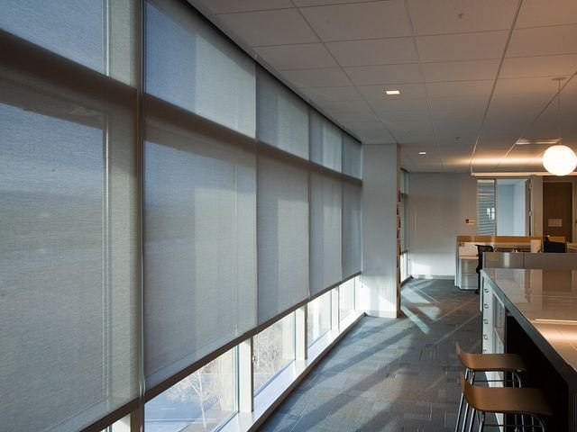 A commercial space with a roller shade